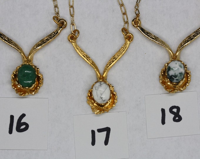 Vee Pendant - 16 inch Link Chain Gold Plated with 8x10 mm Gemstone Cabochon - now available in 21 different stones