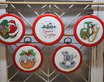 Cross-Stitched Christmas Ornaments, Aida Cloth in Flexi-Hoop Frame