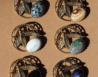 Dream Catcher Brooch with Gemstone Cabochon - Gold Plated