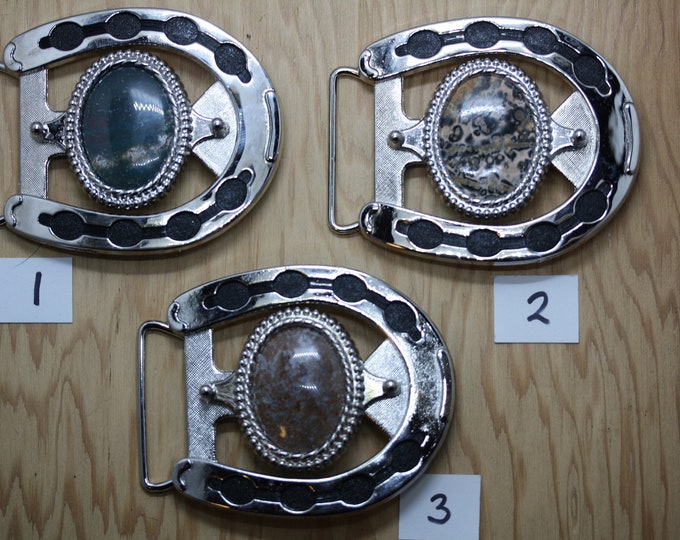 Silver Plated Horseshoe Belt Buckle with Black Background