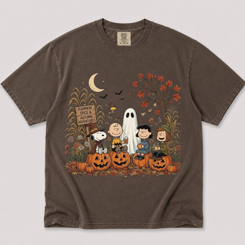 K&ouml;nnte beinhalten: Ein dunkelbraunes Kurzarm-T-Shirt mit einer Grafik von Peanuts-Figuren, die auf K&uuml;rbissen sitzen. Der Aufdruck zeigt ein Schild mit der Aufschrift PUMPKIN SPICE & AUTUMN ADVENTURES, eine Mondsichel, Flederm&auml;use, ein Gespenst und Herbstlaub.