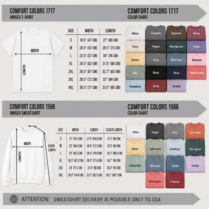 K&ouml;nnte beinhalten: Eine Gr&ouml;&szlig;en- und Farbtabelle f&uuml;r Comfort Colors 1717 T-Shirts und 1566 Sweatshirts. Sie zeigt Ma&szlig;tabelle in Zoll und Zentimetern sowie Raster der verf&uuml;gbaren Stofffarben f&uuml;r jeden Kleidungsstil, einschlie&szlig;lich eines Hinweises zum Versand.