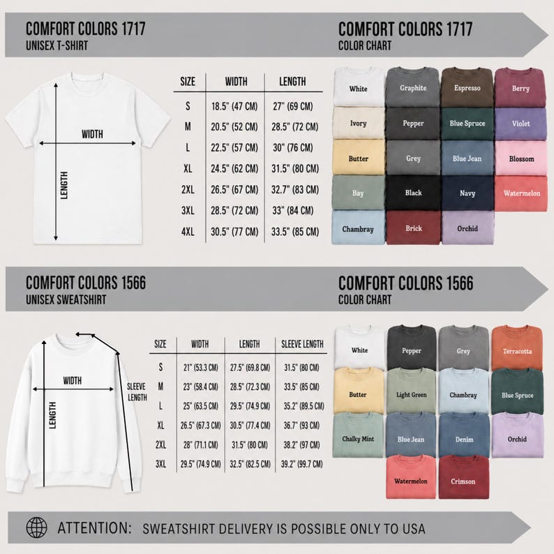K&ouml;nnte beinhalten: Eine Gr&ouml;&szlig;en- und Farbtabelle f&uuml;r Comfort Colors 1717 T-Shirts und 1566 Sweatshirts. Sie zeigt Ma&szlig;tabelle in Zoll und Zentimetern sowie Raster der verf&uuml;gbaren Stofffarben f&uuml;r jeden Kleidungsstil, einschlie&szlig;lich eines Hinweises zum Versand.