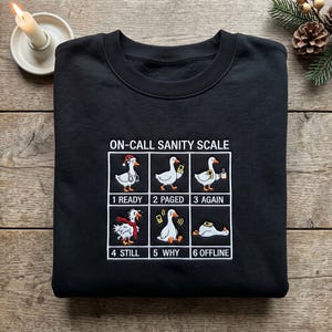 Embroidered On Call Sanity Scale shirt, Funny Duck Tech Support IT Engineer Hoodie, Oncall Developer SRE Gift, Software Programmer Crewneck