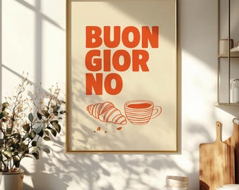 Poster Buongiorno, stampa minimalista rossa con croissant al caffè, arte italiana per la cucina