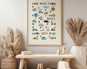 Poster Alphabet Fahrzeuge / Poster alfabeto Kinder / ABC Lernposter Kinderzimmer / Schulanfang Kindergarten Deko / ABC Poster Deutsch