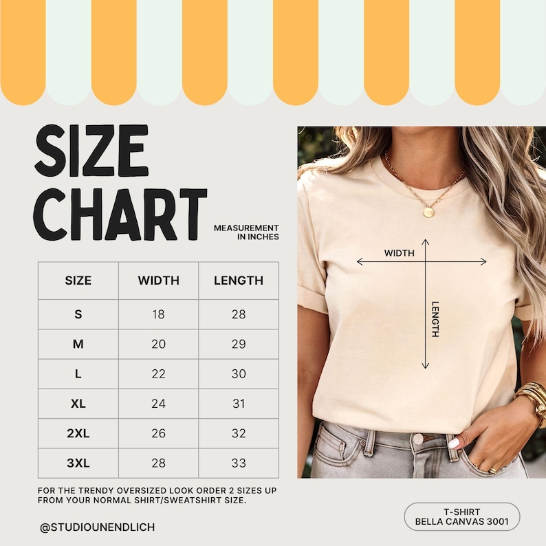 May include: A size chart for a Bella Canvas 3001 t-shirt, with measurements in inches. The chart lists sizes S through 3XL, with corresponding width and length measurements. The image also shows a person wearing a beige t-shirt.