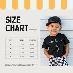 May include: Black t-shirt with size chart and measurements in inches. The chart shows width and length for sizes S, M, L, and XL. A child wearing a black t-shirt and a black cap is smiling. The shirt is Bella Canvas 3001T.