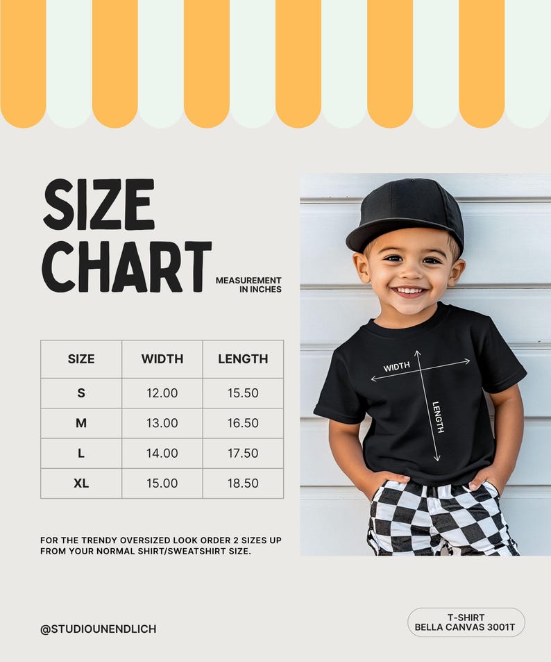 May include: Black t-shirt with size chart and measurements in inches. The chart shows width and length for sizes S, M, L, and XL. A child wearing a black t-shirt and a black cap is smiling. The shirt is Bella Canvas 3001T.