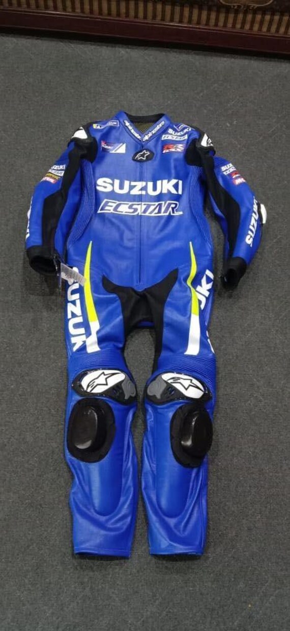 Suzuki Racing Leather Suit | Men’s Motorcycle One Piece Biker Suit | Genuine Cowhide Track & Street Riding Gear | CE Approved Armor | Gift