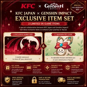 May include: A promotional image for a KFC Japan and Genshin Impact collaboration, featuring an exclusive item set. The design is predominantly red with white text, showcasing two in-game items: a namecard and an Aranara pet code. The image includes text such as "Exclusive Item Set" and "2 Limited In-Game Items."