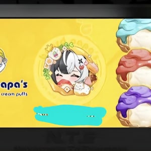 以下が含まれることがあります： 黄色い長方形の看板。漫画の男性が描かれたBeard Papa'sのロゴ、「beard papa's fresh and natural cream puffs」という文字、中央のアニメ風キャラクターのイラスト、そして青、赤、紫のアイシングがかかった3つのシュークリームがデザインされています。