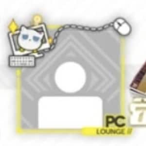 May include: A square digital graphic featuring a central white silhouette icon framed in yellow. A cartoon cat sits on a computer monitor connected by a chain to a mouse. The text PC LOUNGE is visible in the bottom right corner with additional text.