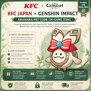 Op de afbeelding: Promotieafbeelding voor een KFC Japan en Genshin Impact samenwerking. Bevat de tekst "KFC JAPAN x GENSHIN IMPACT" en "ARANARA PET CODE (IN-GAME ITEM)". Bevat een illustratie van het Aranara huisdier met een rode strik. Wereldwijd bruikbaar.