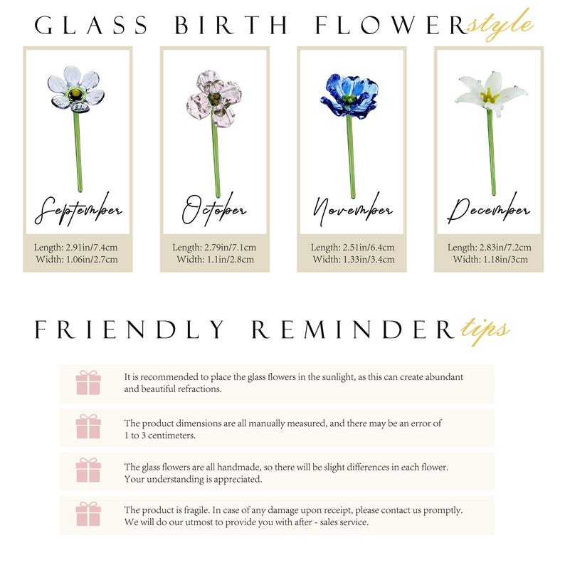 May include: Glass birth flower art featuring four glass flowers representing September, October, November, and December. Each flower has a green stem and is labeled with its month and dimensions in inches and centimeters. The image also includes friendly reminders about the product.