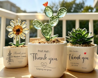 Custom Stained Glass Birth Flower Pot, Personalized Teacher Name Ornament, Teacher Appreciation Present, Elegant Indoor Desk Table Decor