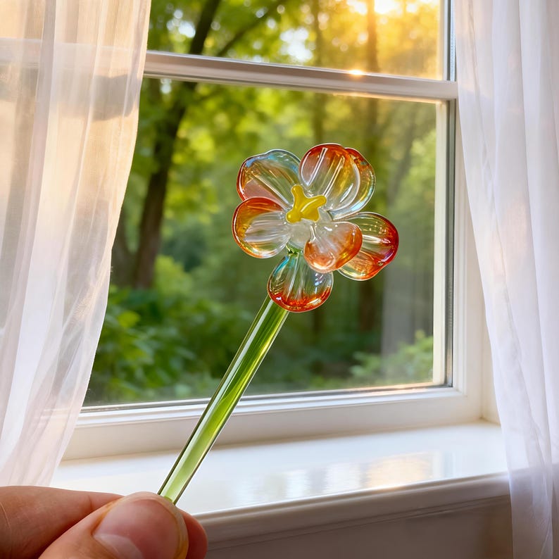 May include: A colorful glass flower with a yellow center and petals in shades of orange, red, and blue. The flower is attached to a green stem. The object is held in front of a window with a white curtain.