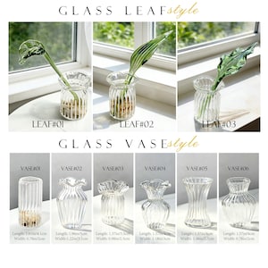 May include: Clear glass vases and leaf-style vases. The image shows six different glass vases and three leaf-style vases. The vases have varying shapes and sizes, with some featuring ribbed designs. The leaf-style vases hold artificial leaves. The text "GLASS LEAF style" and "GLASS VASE style" is visible.