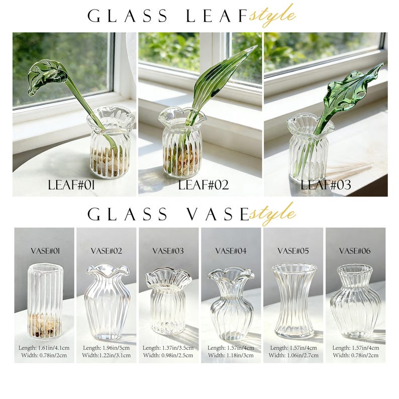 May include: Clear glass vases and leaf-style vases. The image shows six different glass vases and three leaf-style vases. The vases have varying shapes and sizes, with some featuring ribbed designs. The leaf-style vases hold artificial leaves. The text "GLASS LEAF style" and "GLASS VASE style" is visible.