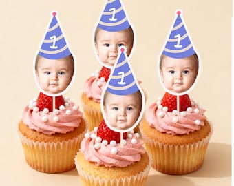 カスタマイズされたさまざまな顔の写真パーティーハットカップケーキトッパー、最初のマイルストーンの誕生日の写真パーティーハットカップケーキデコレーションフェイスオンスティック
