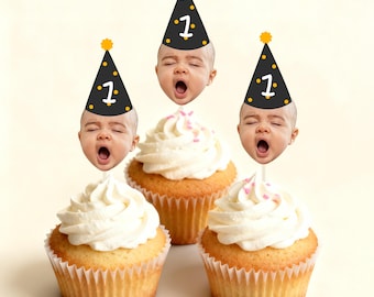カスタマイズされた赤ちゃんの最初の誕生日のリアルな顔写真カップケーキトッパー、本物の1歳の誕生日の写真用カップケーキデコレーション、スティック付き