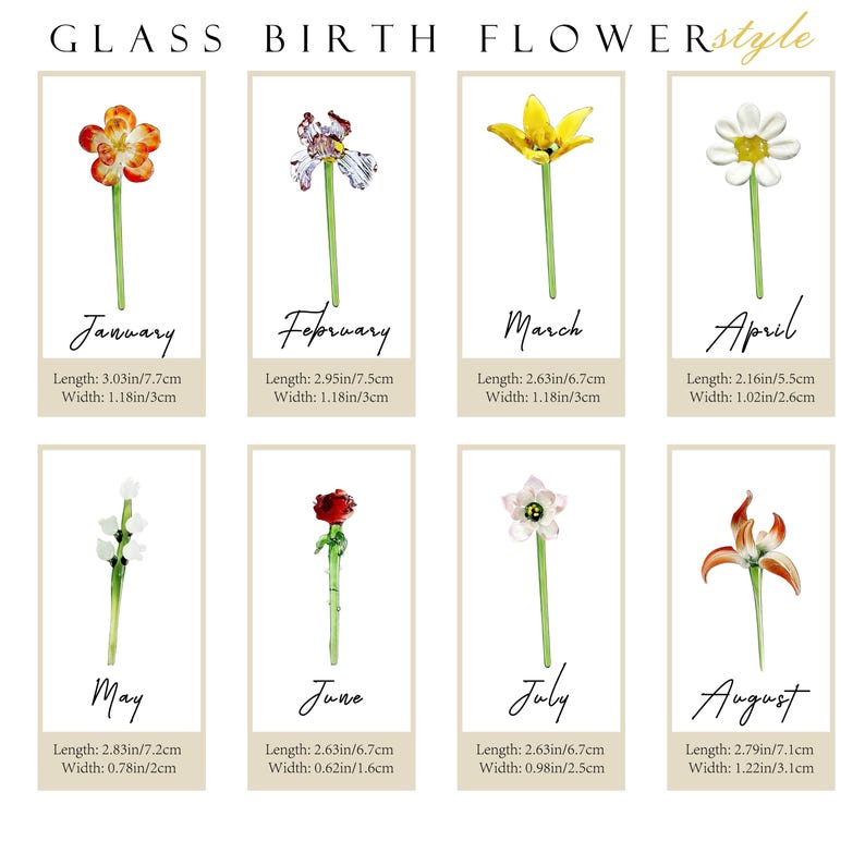 May include: A display of glass birth flower designs, each representing a month. The flowers are on green stems, with details of length and width in inches and centimeters. The text "GLASS BIRTH FLOWERstyle" is at the top.