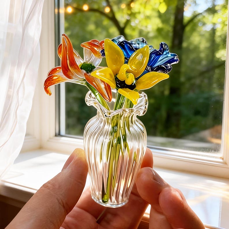 May include: A small glass vase with a ruffled rim holds colorful glass flowers. The flowers are orange, yellow, and blue. The vase is clear and has vertical ridges. The arrangement is set near a window.