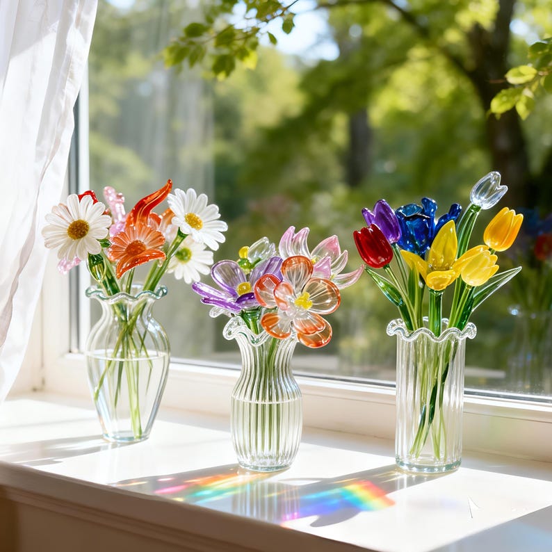 May include: Three clear glass vases with colorful, artificial flowers sit on a windowsill. The flowers include daisies, tulips, and other blooms in shades of orange, white, purple, red, blue, and yellow. The vases have a ruffled edge.