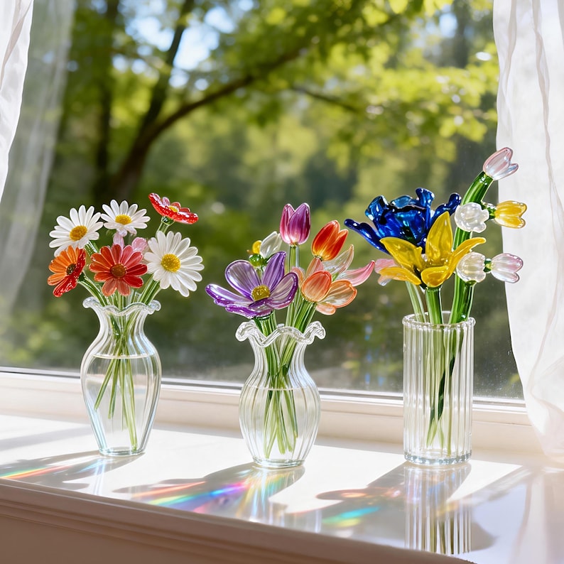 May include: Three glass vases filled with colorful glass flowers sit on a windowsill. The flowers include daisies, tulips, and other blooms in shades of red, orange, purple, yellow, and blue. The vases are clear and have a ruffled edge.