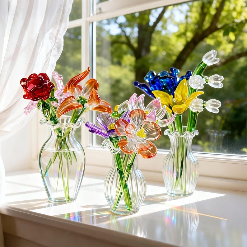 May include: Three glass vases with colorful glass flowers sit on a windowsill. The flowers include red roses, orange lilies, purple and orange blossoms, and blue and yellow tulips. The vases are clear with a ruffled top.