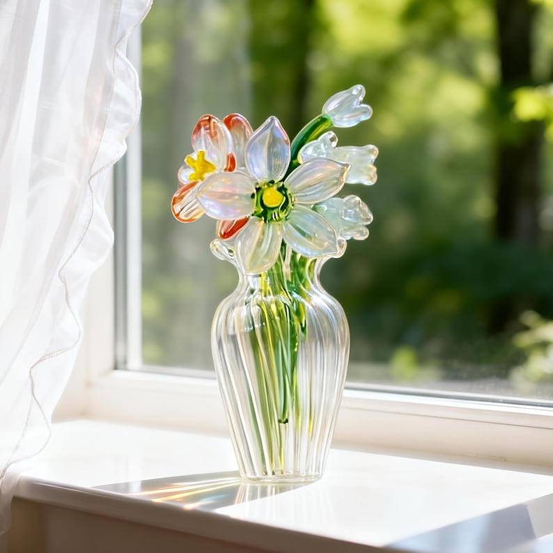 May include: A clear glass vase with a fluted design holds a bouquet of glass flowers. The flowers include white, orange, and yellow petals with green stems. The vase sits on a white windowsill with a sheer white curtain in the background.