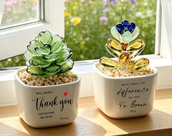 Handmade Custom Stained Glass Plant Pot, Engraved Name Mini Cactus Planter, End‑of‑School Gift, Unique Table Ornament for Teachers