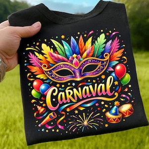 May include: Black t-shirt with a colourful Carnival design. The graphic features a purple mask with feathers, balloons, confetti, and the word "Carnaval" in a rainbow font. Party hats, drums, and fireworks complete the design.