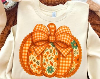 Watercolor Pumpkin with Gingham Bow and Floral Accents | Autumn Fall Sublimation Design for Shirts and Mugs