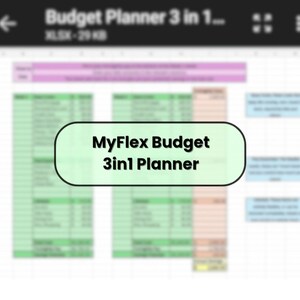 Può includere: Uno screenshot di un foglio di calcolo digitale intitolato "Budget Planner 3 in 1". Il testo "MyFlex Budget 3in1 Planner" è in un rettangolo verde arrotondato. Il foglio di calcolo ha sezioni evidenziate in verde, rosa e blu.