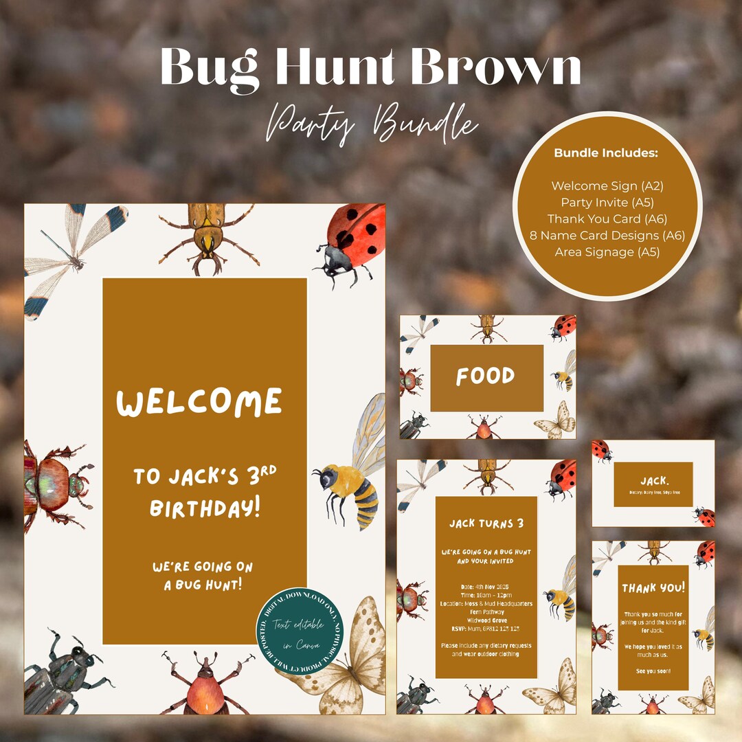 Bug Hunt Birthday Party Bundle | Brown | Text Editable Only Outdoor ...