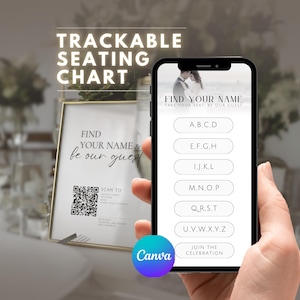 May include: A smartphone displaying a wedding seating chart with the text "Find Your Name" and alphabetical options. A framed sign with the same text and a QR code is also visible. The image promotes a trackable seating chart.