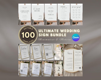 Wedding Sign Bundle Canva Template, 100 Editable Wedding Signs, Minimalist Wedding Signage Set, Welcome Sign, Seating Chart,Wedding Bar Menu