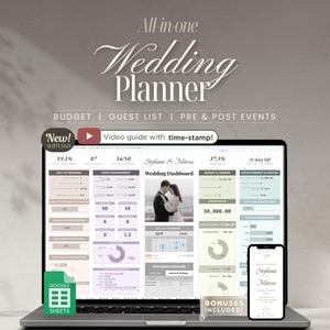 Puede incluir: Un ordenador portátil que muestra un panel de control de planificador de bodas con el texto "All-in-one Wedding Planner". La pantalla muestra el presupuesto, la lista de invitados y los eventos previos y posteriores. Un smartphone muestra una invitación de boda.