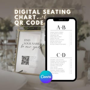 Digital Wedding Seating Chart Template | QR Code Sign Mobile Wedding Website Canva Template Find Your Seat Sign Seating Plan Honeymoon Fund