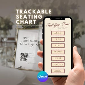 May include: A smartphone displaying a digital seating chart interface with buttons labeled with alphabetical ranges, alongside a framed physical sign featuring the text Find Your Name & be our guest and a QR code for scanning to access the seating chart.