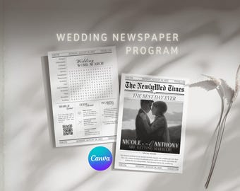 Editable Wedding Newspaper Program Canva Printable Wedding Program Newspaper Template Folded Ceremony Timeline with Games Newlywed Newspaper