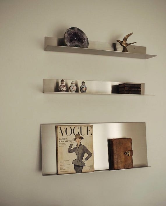 Brushed Chrome Wall Shelf Set – Minimal Metal Floating Ledge – Modern Scandinavian Display Shelves – Architectural Wall Decor