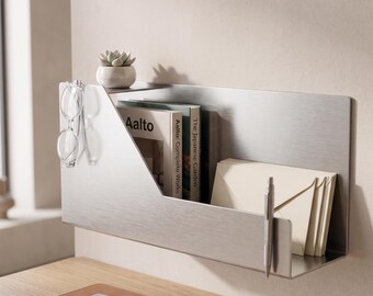 Floating Stainless Steel Magazine Rack, Brushed Chrome Vinyl Record Holder, Modern Metal Wall Organizer, Industrial Minimalist Bookshelf