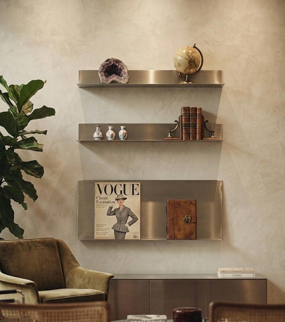 Architectural Brushed Chrome Wall Shelves – Minimal Metal Ledge Set – Modern Floating Display for Books & Decor