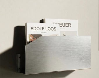 Floating Stainless Steel Magazine Rack, Brushed Chrome Wall Shelf, Geometric Book Holder