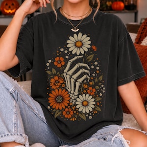Skeleton Hand With Flowers Comfort Colors Shirt Floral Goth Halloween Tee Dark Botanical Skeleton Hand Vintage Graphic Shirt | HW36