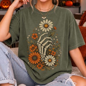 Skeleton Hand Floral Comfort Colors Shirt Gothic Flower Halloween Tee Vintage Botanical Skeleton Graphic Shirt Spooky Season Tee | HW36B