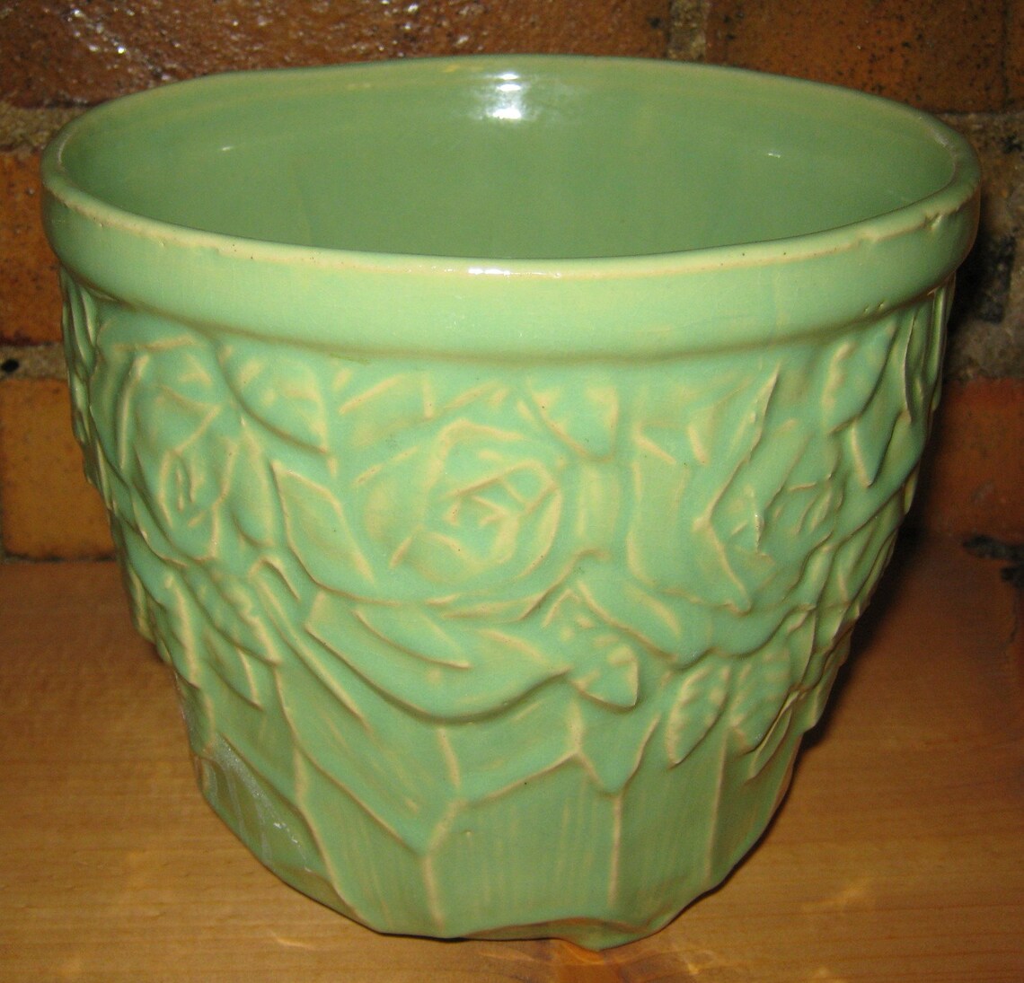 Vintage McCoy Pottery Planter Green Jardiniere with Rose Etsy