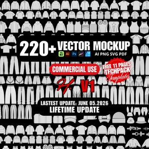 Oltre 220 modelli vettoriali di mockup per abbigliamento streetwear, design e Techpack per marchi di abbigliamento e designer di abbigliamento in Adobe Illustrator e Procreate
